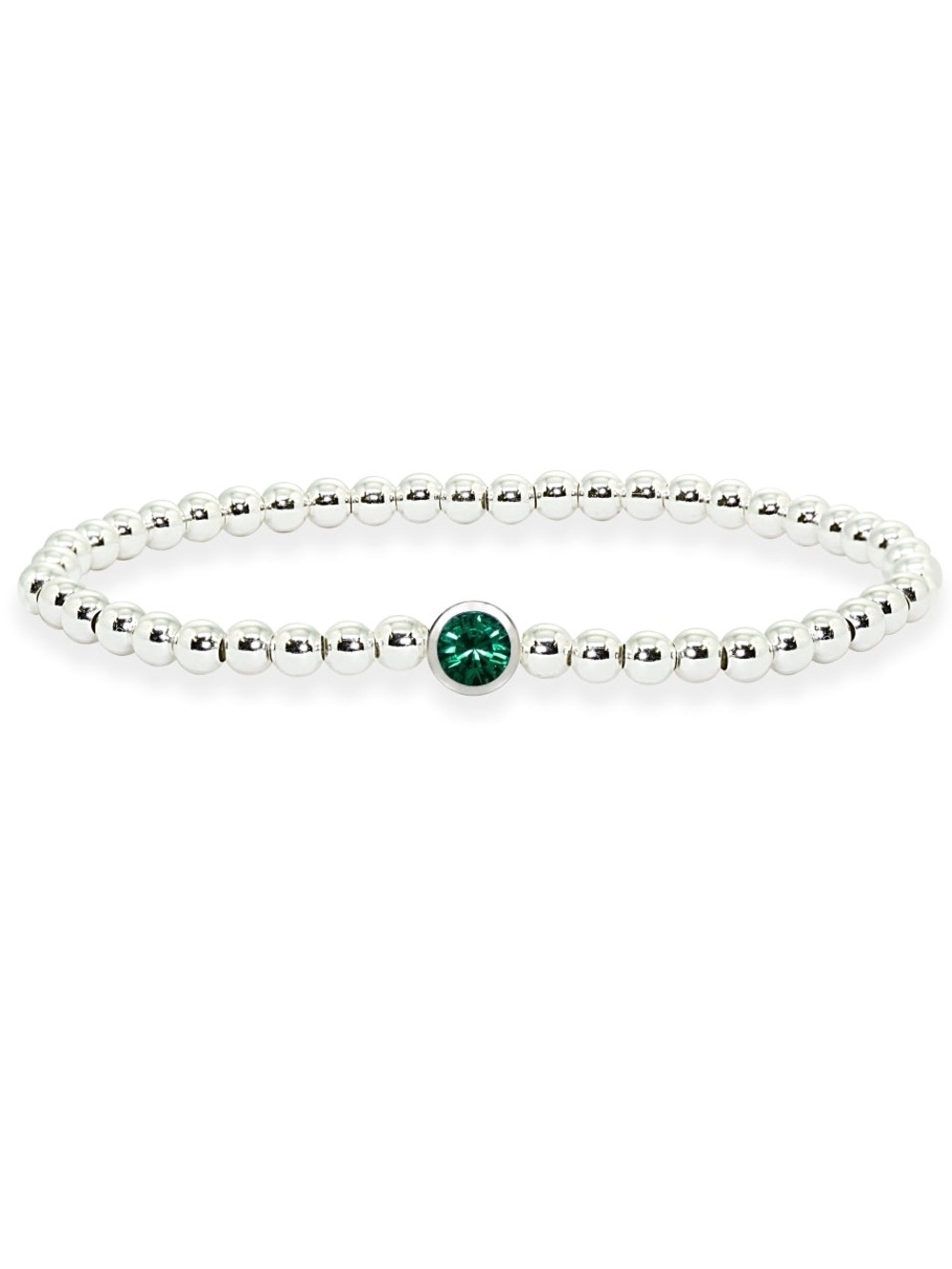 Sterling Silver Polished Beads Stretch Bracelet Made Of Green Swarovski Crystal